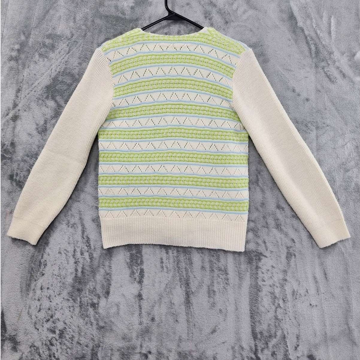 Vintage Sweater Womens XS Cream Green Blue Striped Pointelle Cardigan Twin Set