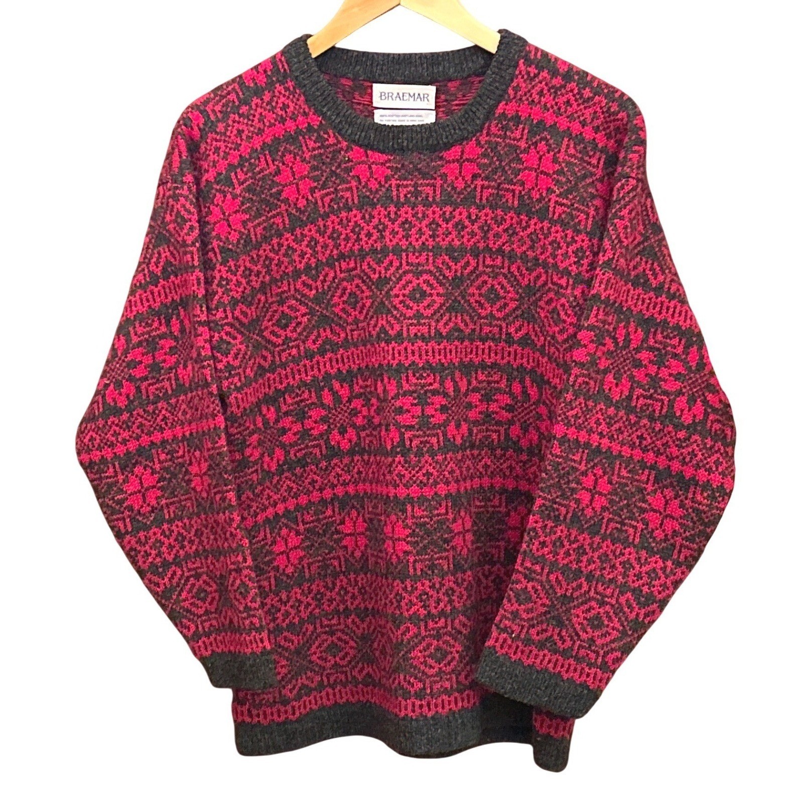 Vintage Braemar Shetland Wool Fair Isle Red Nordic Sweater Small Lodge Ski