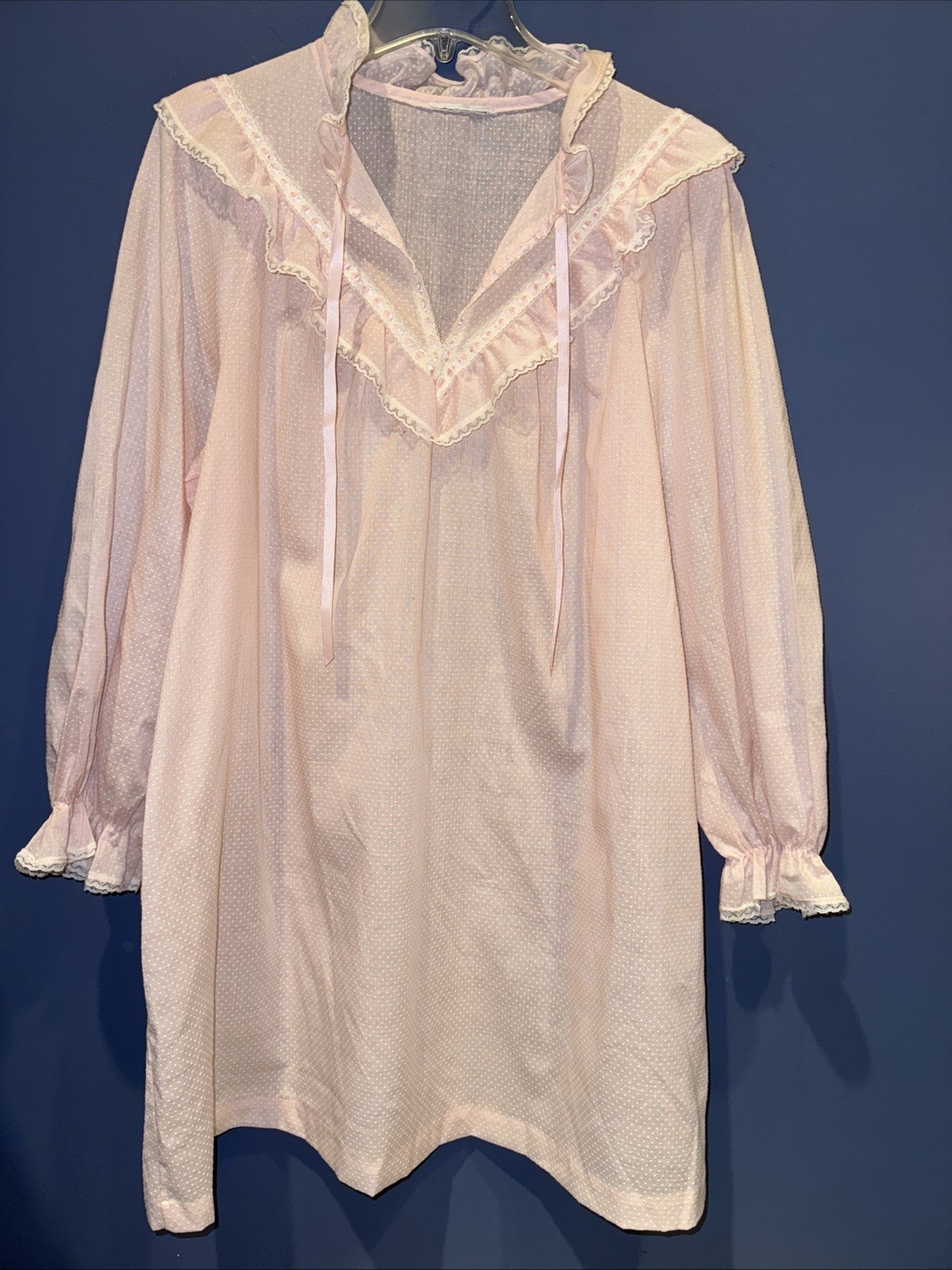 L/XL Nightgown Vintage Sheer Cottage Core Pink Polka Long Sleeve Ruffled