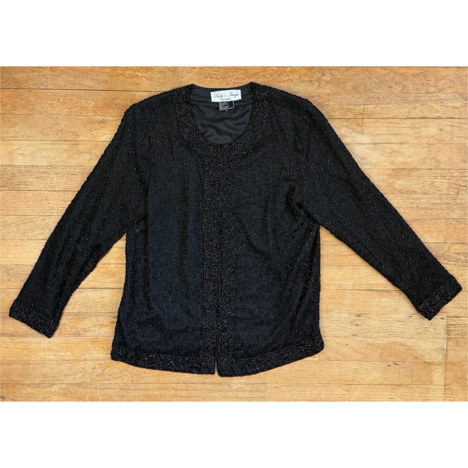 Vintage Black Beaded Jacket Size Medium 90s Embellished Silk Fancy Evening