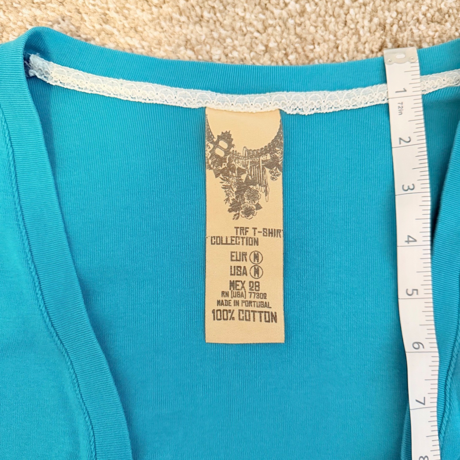 Vintage TRF Tshirt Co Teal Babydoll Half Cropped Sweater Tie Front Y2K SZ M