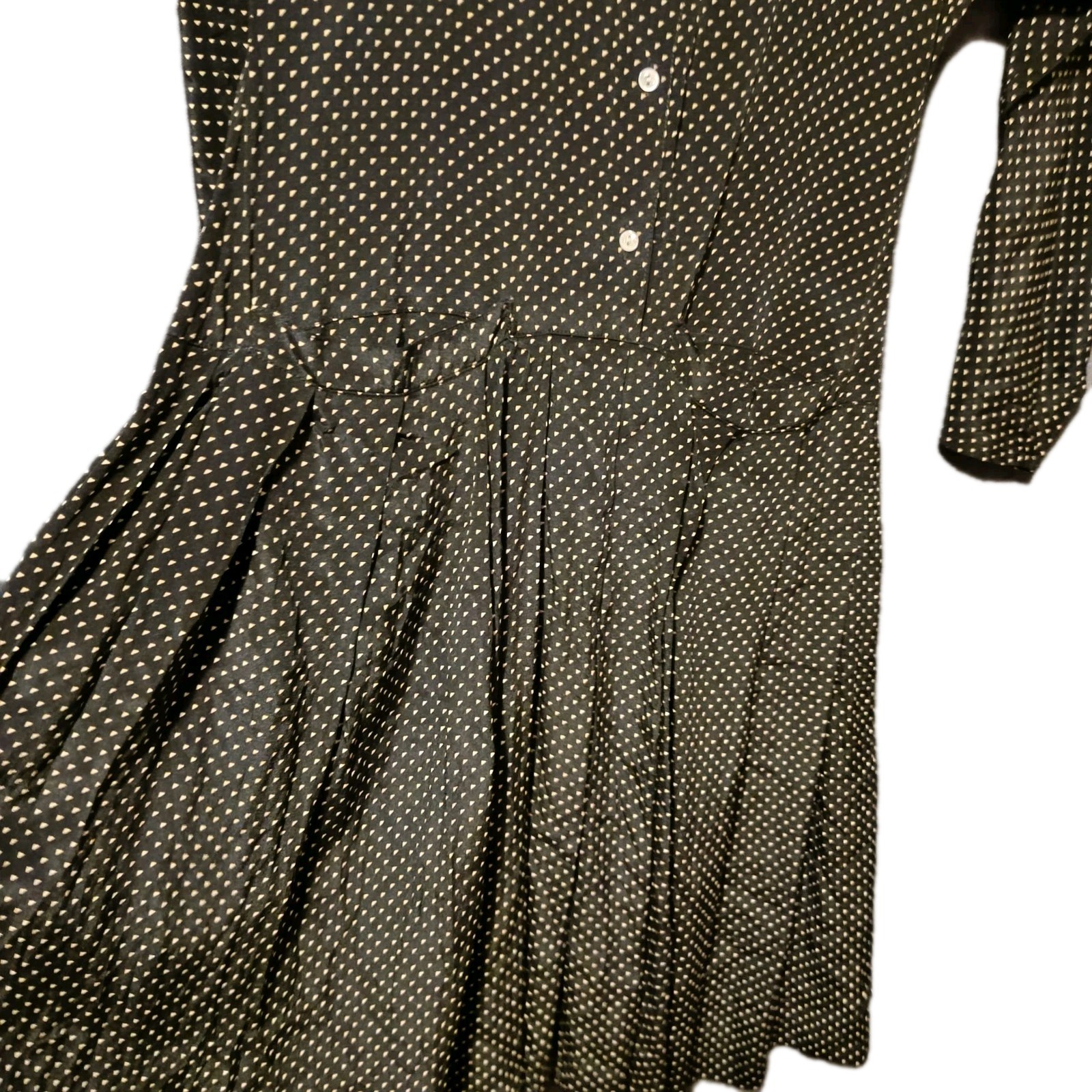 Vintage Dress Black Cream Polka Dots Size 34 36 XS S Midi Retro Pleated Skirt Pockets
