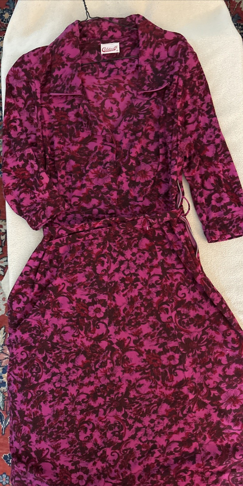 Vintage 1950’s by Caldwell Casuals Burgundy Fushia Floral Print Dress & Belt