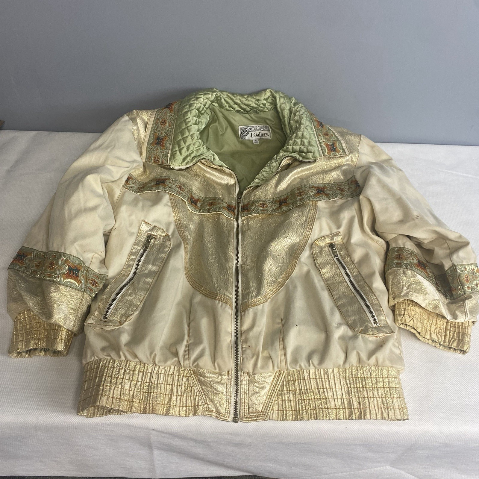 Vtg J. Gallery Puffer Jacket Coat Medium Beige Green Retro Bomber 80s Flaw