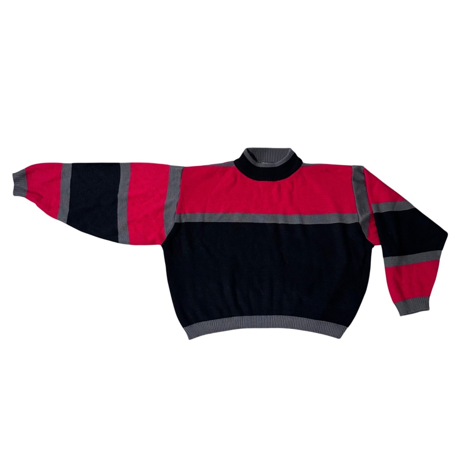 Vintage Colorblock Sweater Large Red Black Gray Acrylic Retro Hollywood Vine 80s