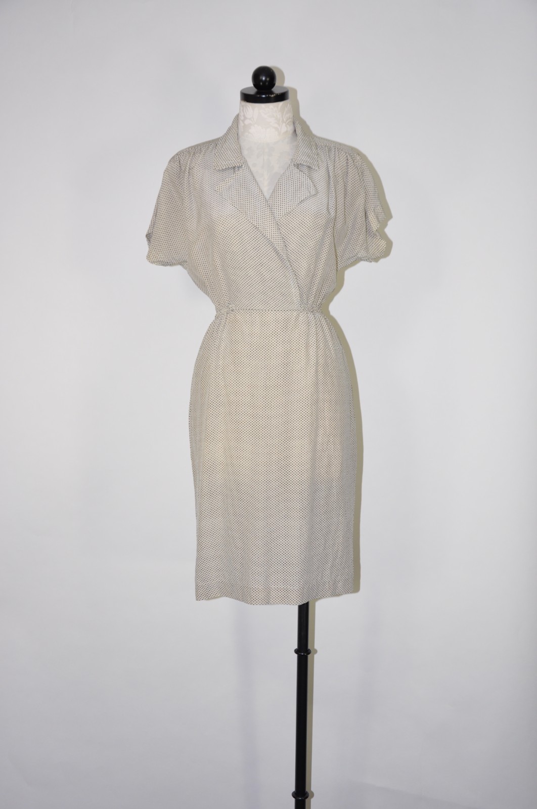 80s Vintage White Black Polka Dot Silk Short Sleeves Wrap Shirtdress Women S