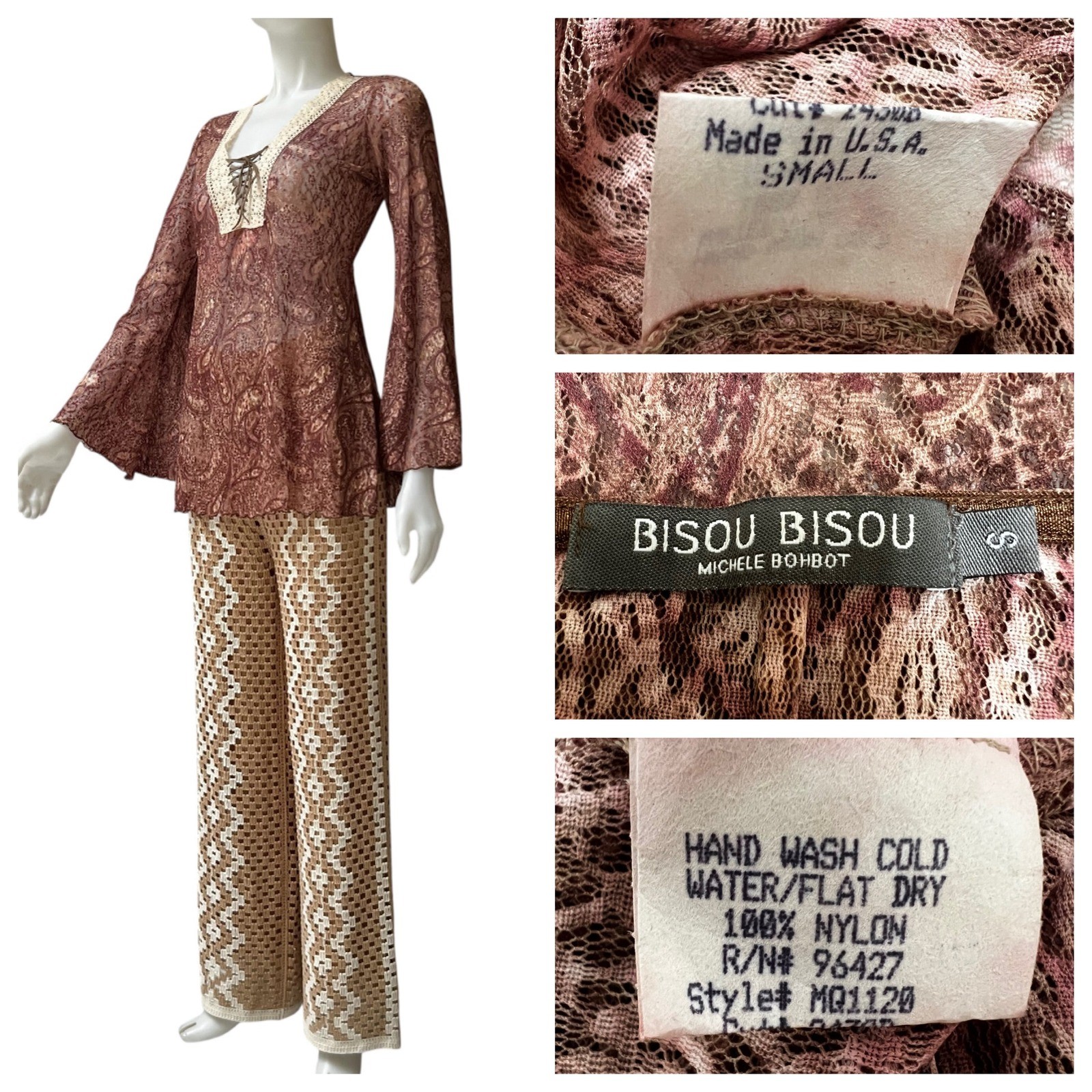 Vtg 90s Bisou Bisou Paisley Lace Bell Sleeve Top Boho S Whitchy Whimsygoth USA
