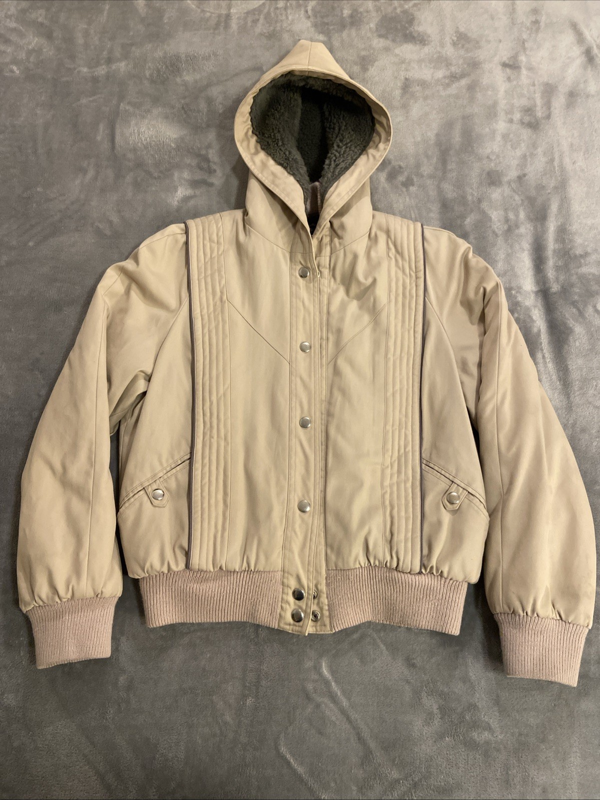 Vintage Retro Mod Maid Tan Grey Hooded Bomber Jacket Coat Women’s RN45533 RARE
