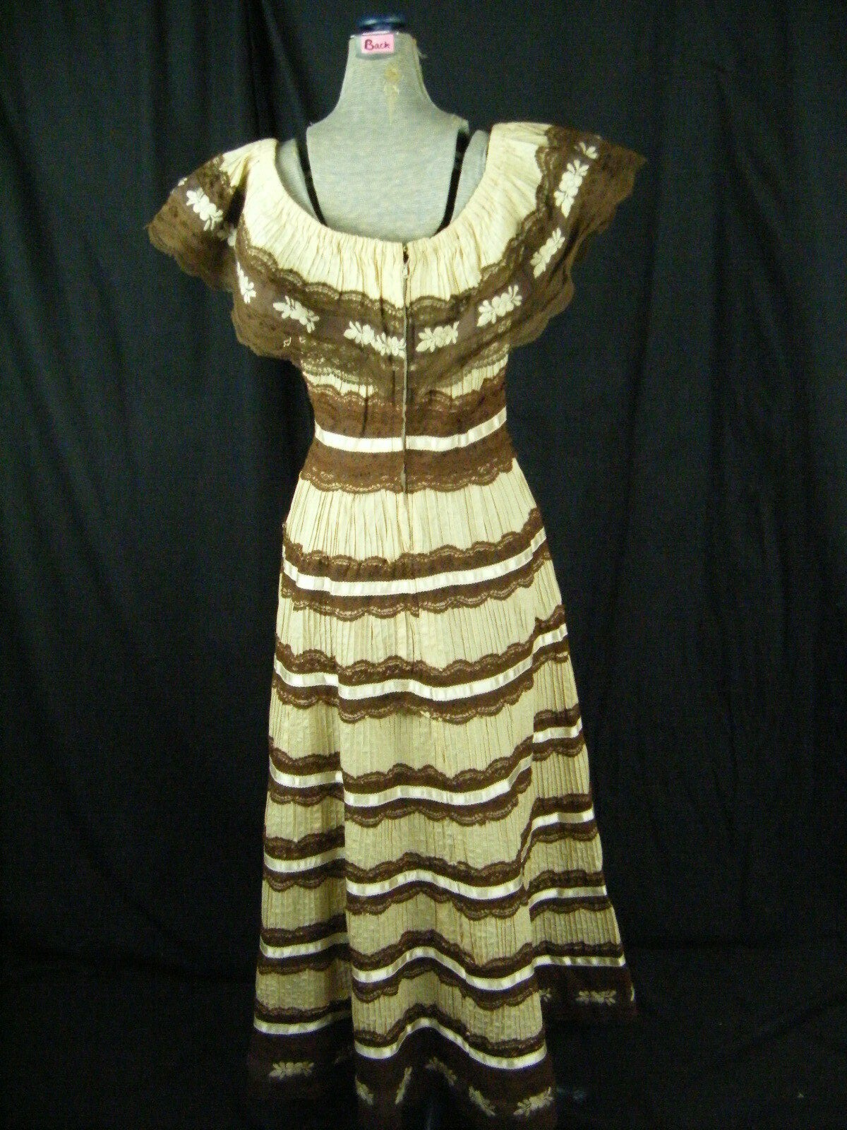 Vtg 60s Mexican Beige Brown Lace Tiered Off Shoulder Full Dress-Bust 34-40/S-M