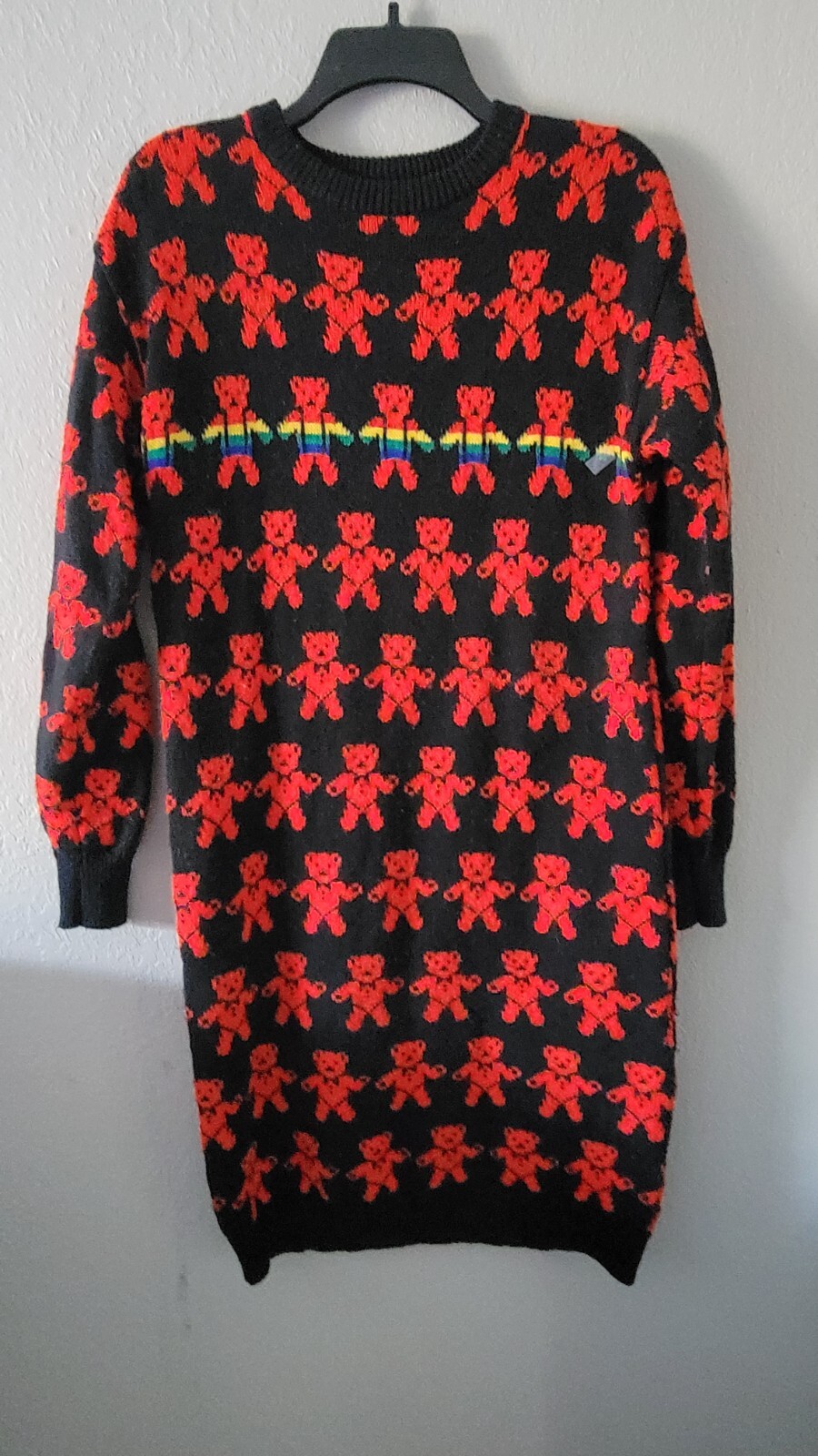 Vintage 80s Eclipse Sweater dress, Sm Teddy Bear Novelty Rainbow,90s Granny Y2K