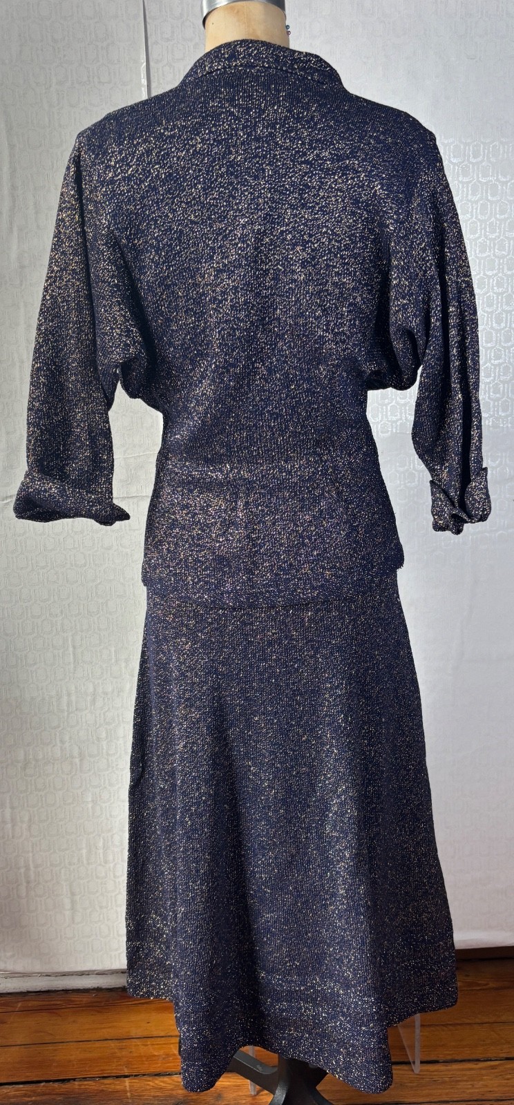 VTG 50’S HAND KNIT FULL CIRCLE SKIRT CROCHET DRESS BLUE&METALLIC GOLD DRESS*S/M