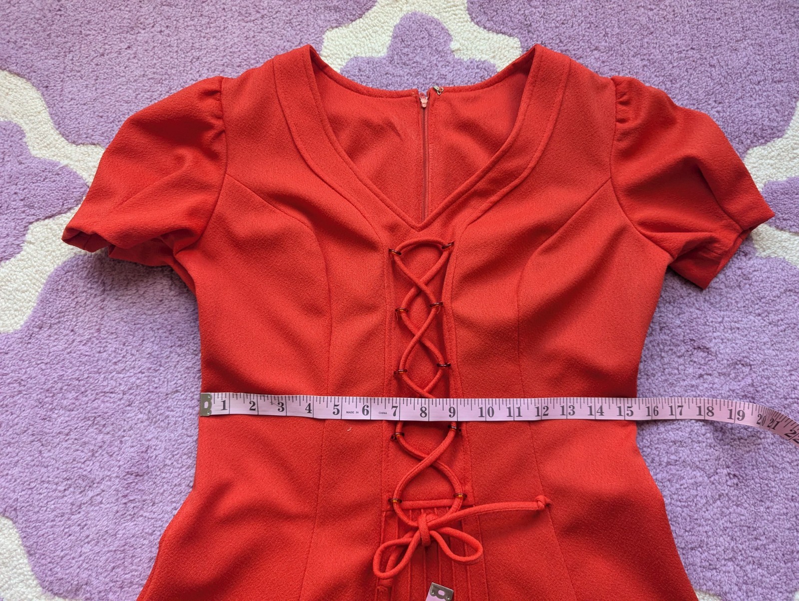 Vintage 70’s Lace Up Polyester Puff Sleeve Babydoll Mini Red Dress Size Small