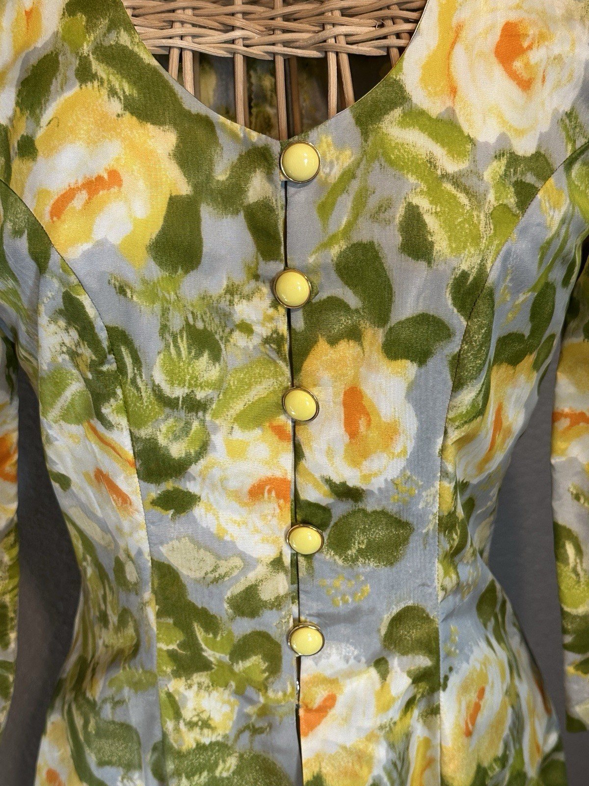 Vtg 50s Handmade Luxurious Floral Taffeta Hostess Gown Coat Glamour Mid Century