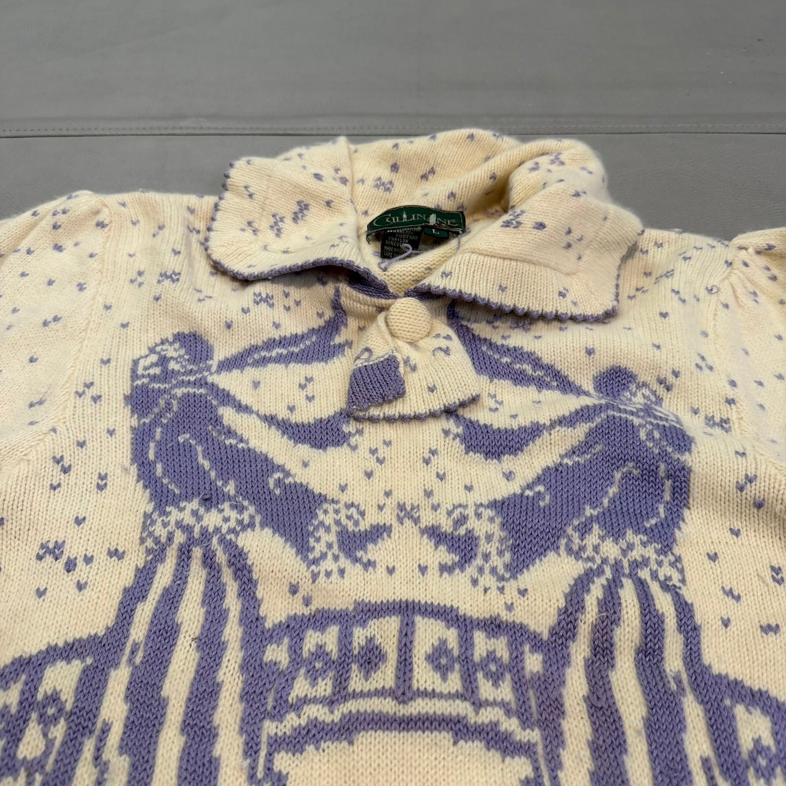VTG Angora Lambswool Blend Sweater Ice Skate Y2K Cream Snow Fair Isle-L-4981