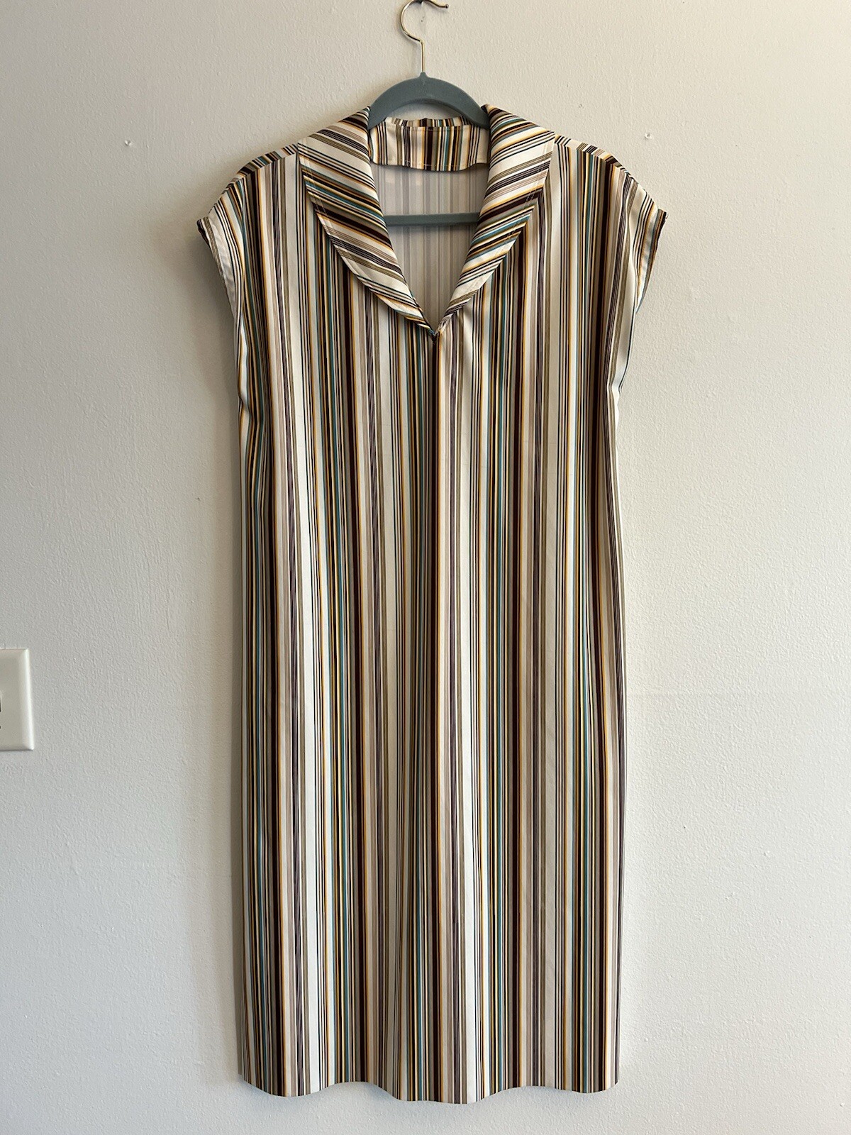 Vintage Shift Dress Polyester Unbranded Unhemmed Belted Striped Fall Colors