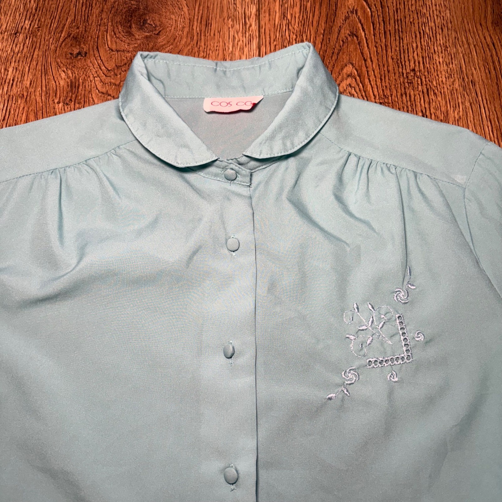 80s Cos Cob Light Blue Embroidered Peter Pan Collar Button Down Blouse Top Large