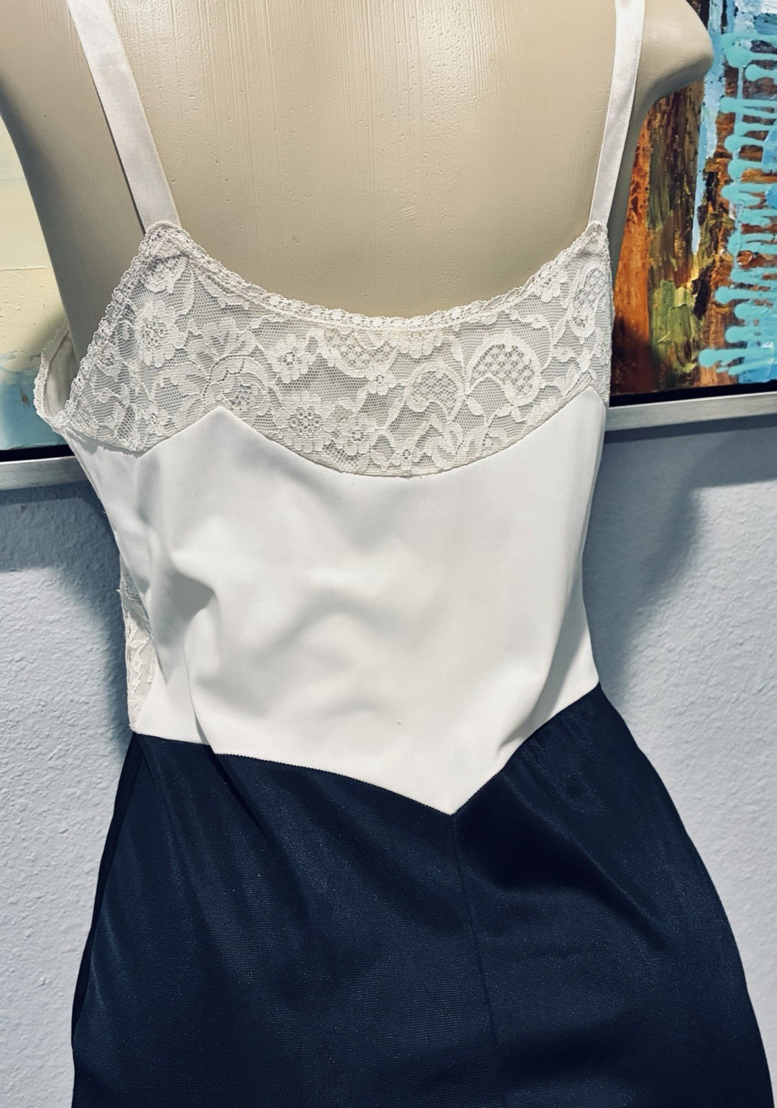 Vtg Vanity Fair Tuxedo Ivory Lace Black Dress Nylon Slip 34 S