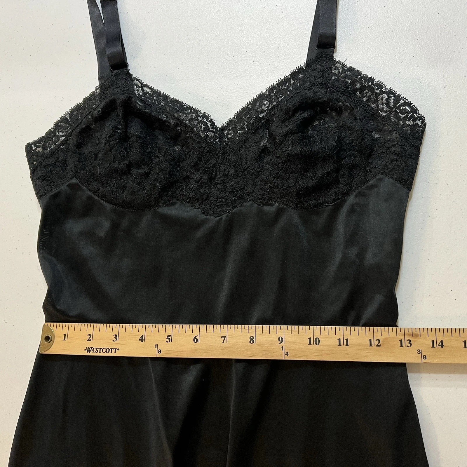 VTG Laros Black Nylon Slip Dress Sz 32 Sheer Lace Trim Lingerie Lounge Nightgown