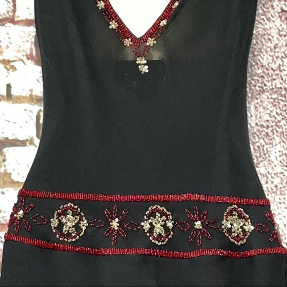 Vintage Vera Cristina Beaded Black Silk Drop Waist Dress Size 8 EUC