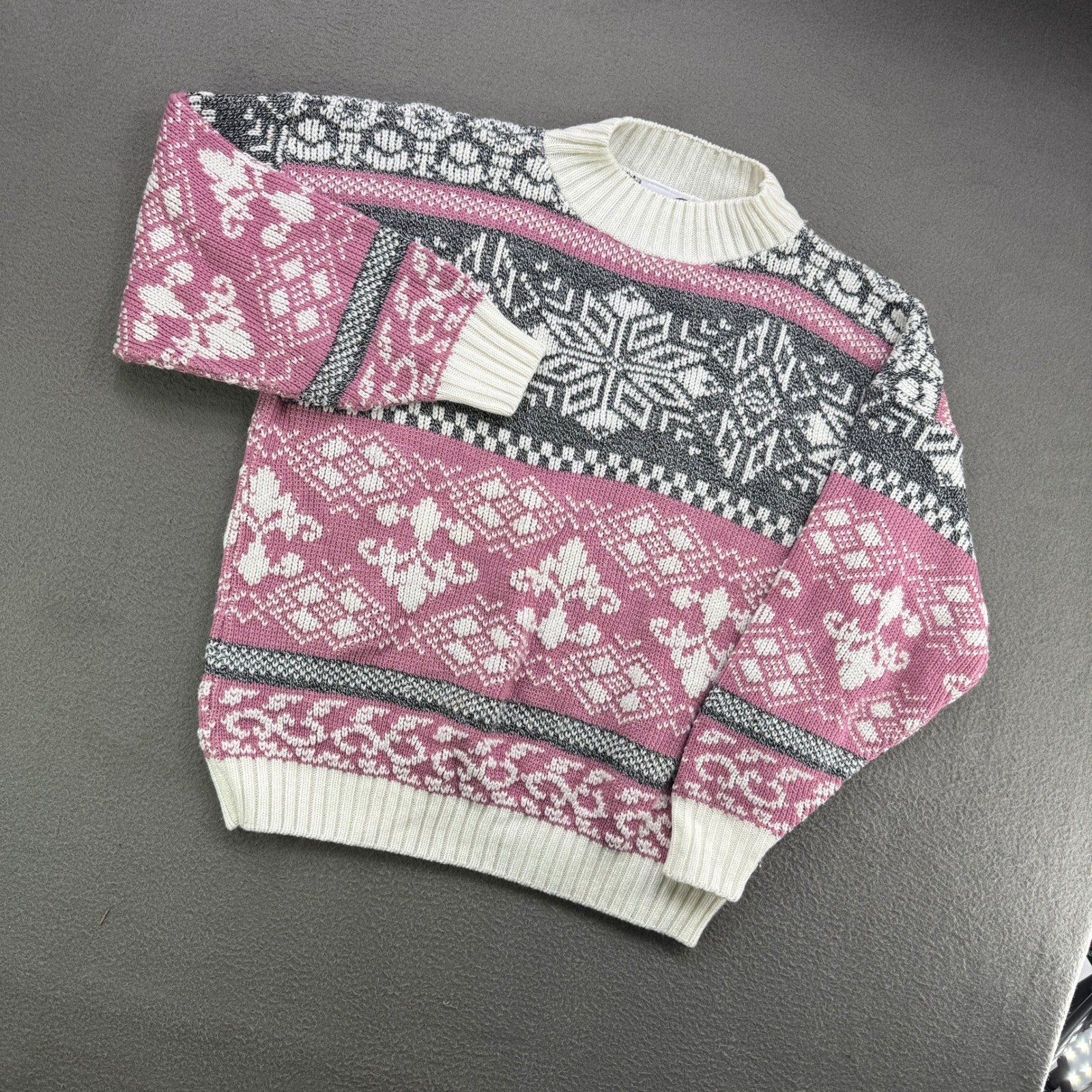 Vintage Cut 4 U Nordic Snowflake Fair Isle Knit Sweater Women XL Pink Mock Neck
