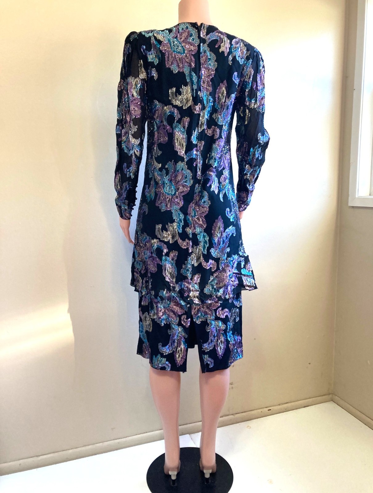Vintage 80s Retro Flapper Midi Dress M Ursula Switzerland Iridescent Lurex Black