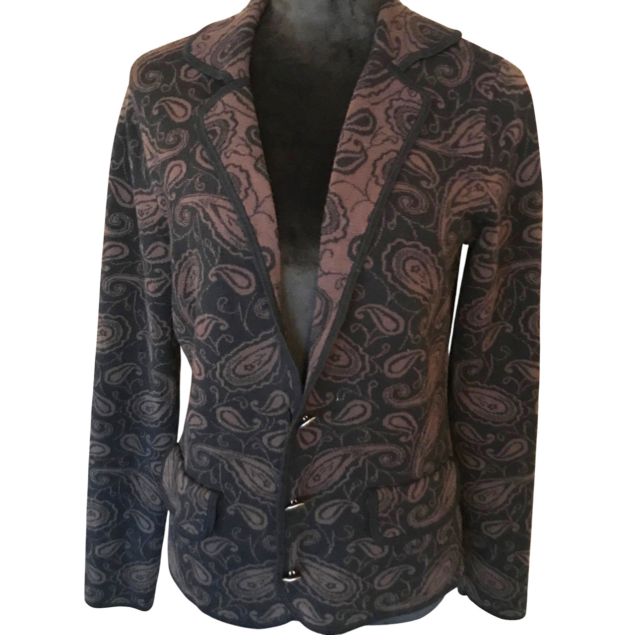VTG 80s Willi Smith Sweater Jacket Brown Black Paisley Blazer Rolled Collar Sz M