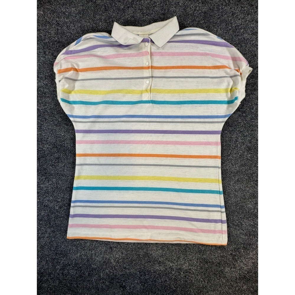 Vintage Jantzen Womens Large Pastel Multi Stripe Polo Shirt Made in USA Retro