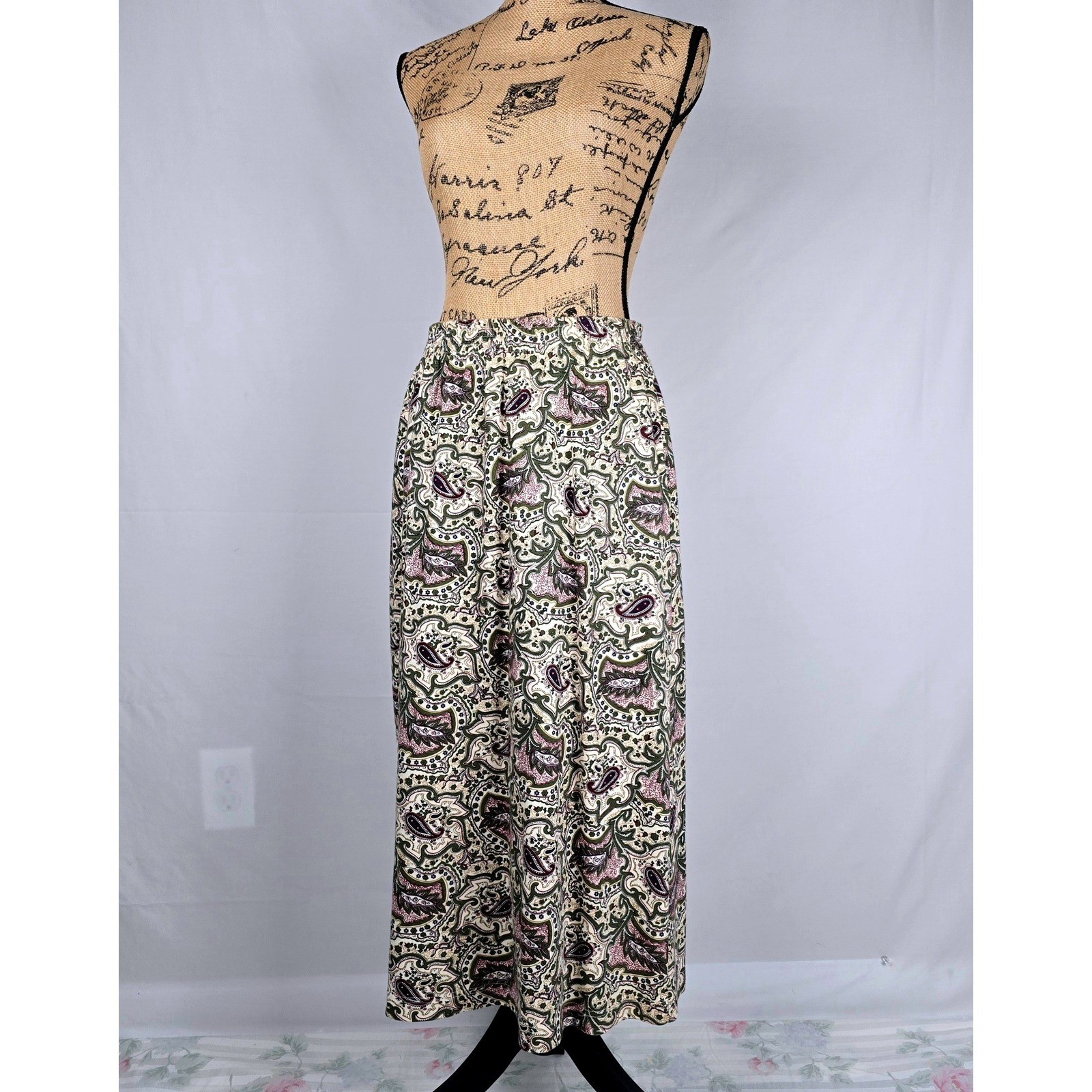 Vintage Van Heusen for Her Paisley Maxi Skirt Cotton Elastic Waist Green Large