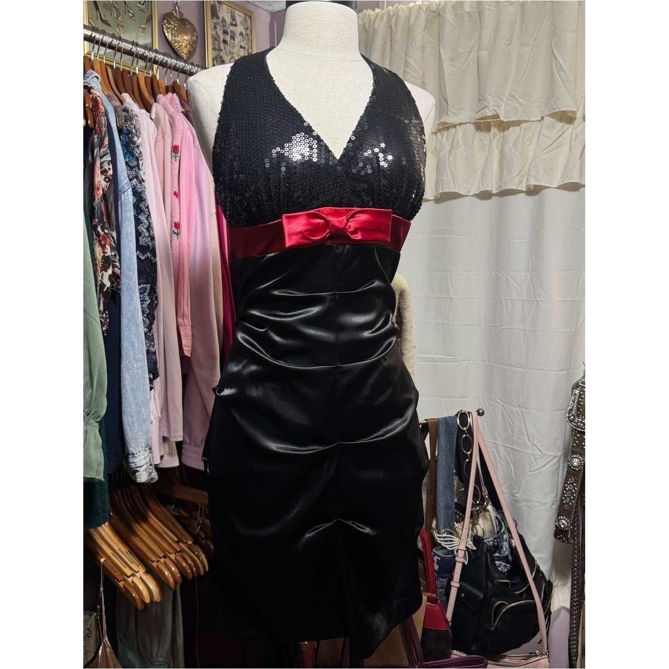 Vintage Black Sequin Strapless Dress with Red Satin Band