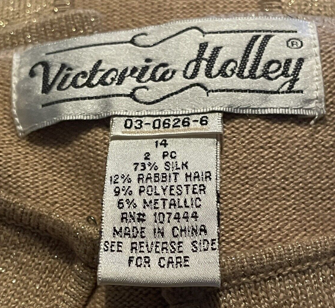Victoria Holley Womens 2 PC Dress Set Size 14 Gold Silk Blend Matching Cardigan