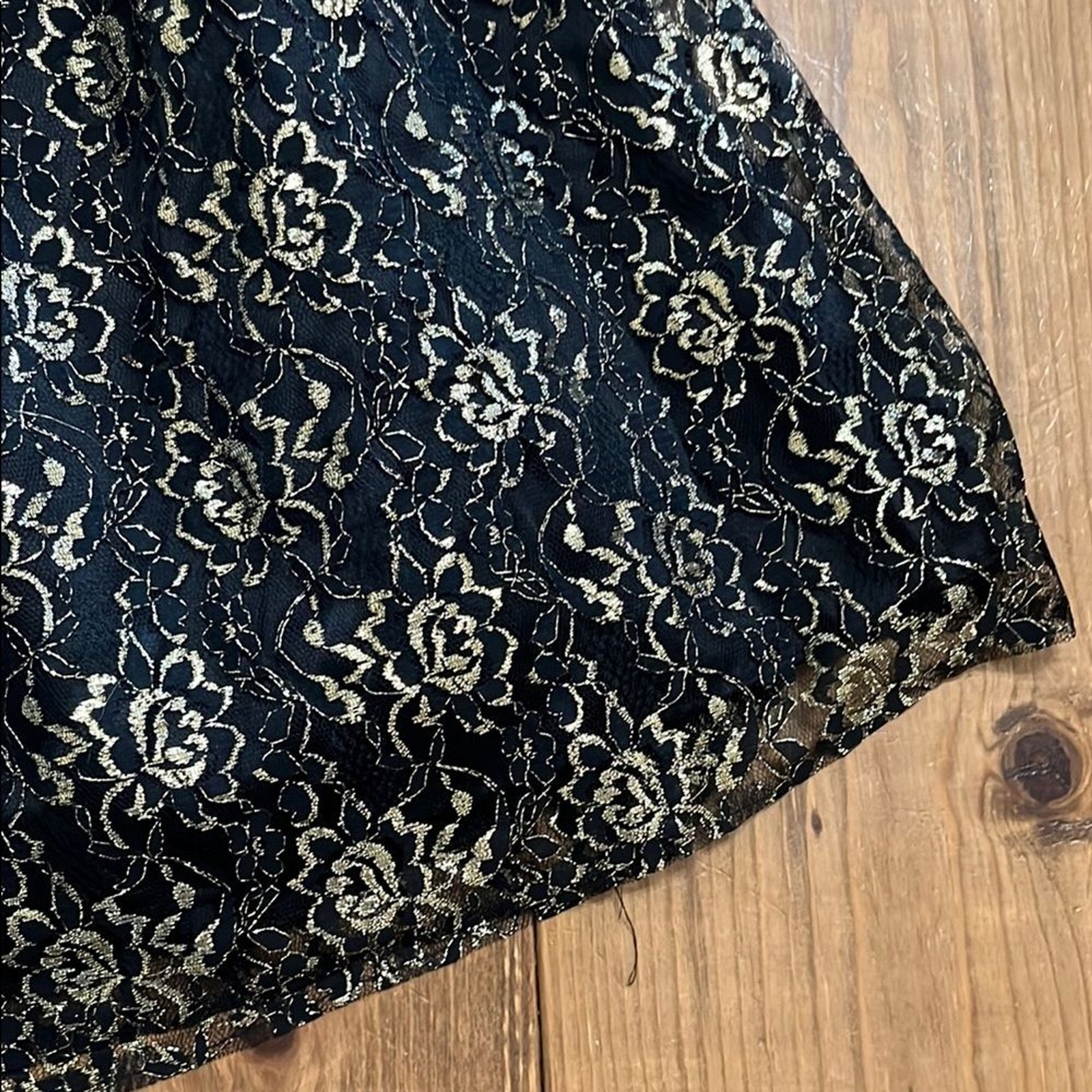VTG 80s Black and Gold Lace Spaghetti Strap Cocktail Prom Dress with Tulle