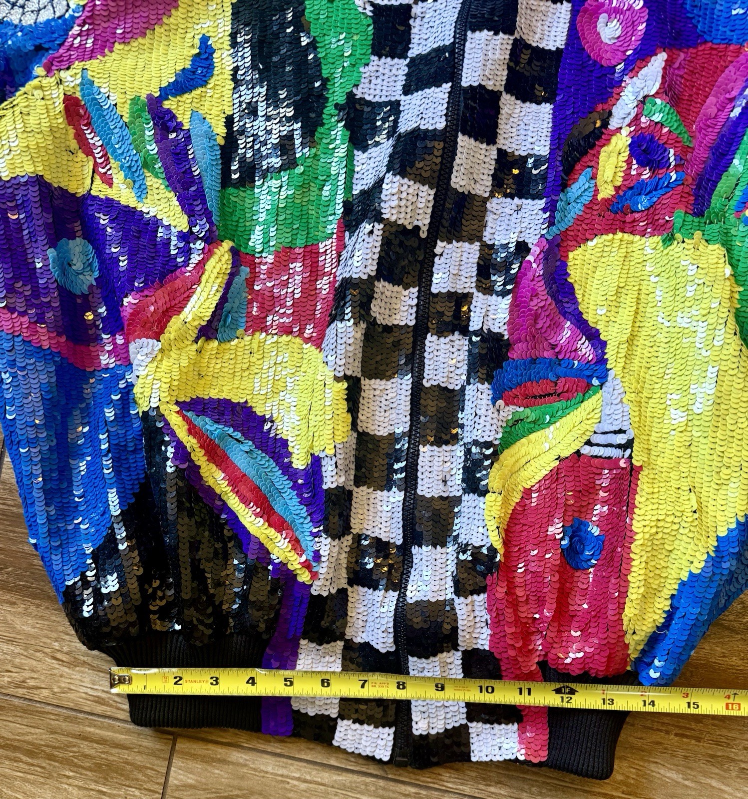 Vintage 80s Sequin Beaded Colorblock Art Deco Zip Jacket Statement Coat Glam XL