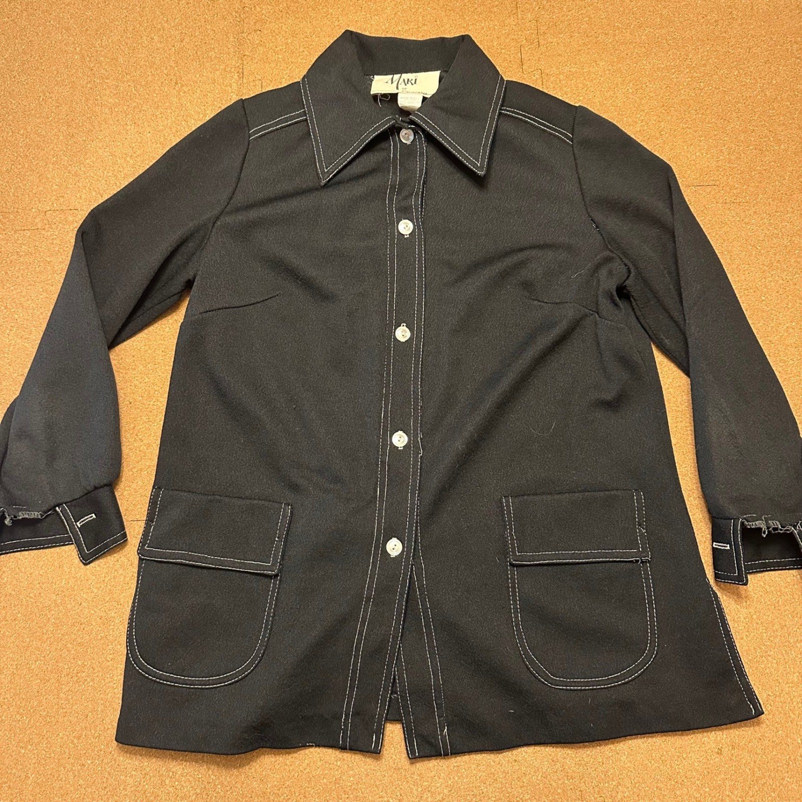 Mari of California Shirt Jacket Womens M Black Vintage 70s Contrast Stitch Retro
