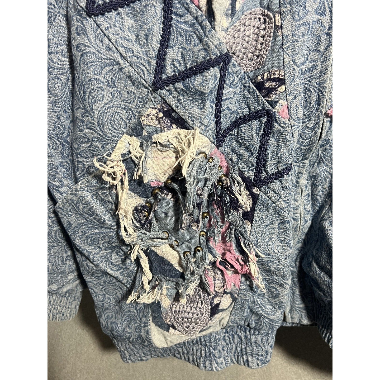 Vintage LIM’S Women’s Bomber Jacket 80s Denim Patchwork Embellished Art-to-Wear