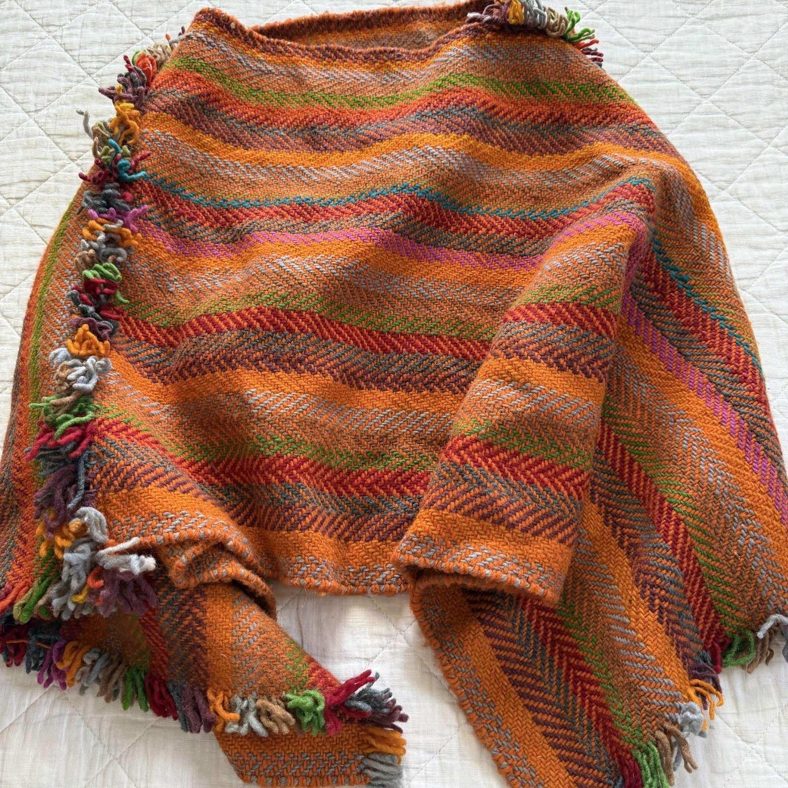 Vintage Woven Boho Poncho Wool Blend Fringe Southwestern Pullover