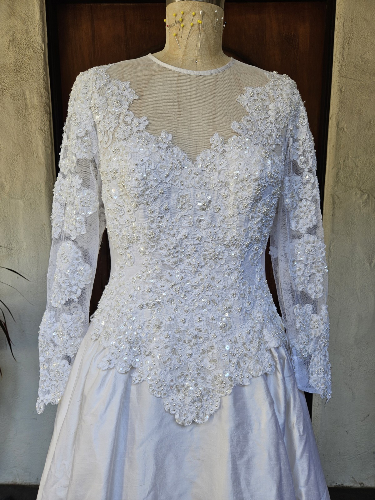 Vintage 90s Wedding Dress Princess Ballgown Basque Waist Silk Dupioni Size 10