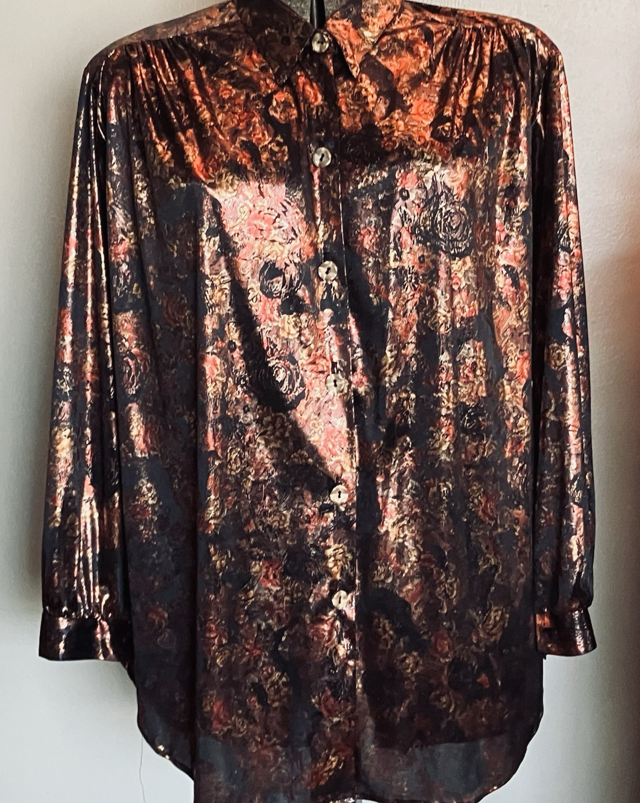 VTG Foil Button Down Blouse 22w Joanne Plus Black Rose Gold Long Sleeve 80s 90s