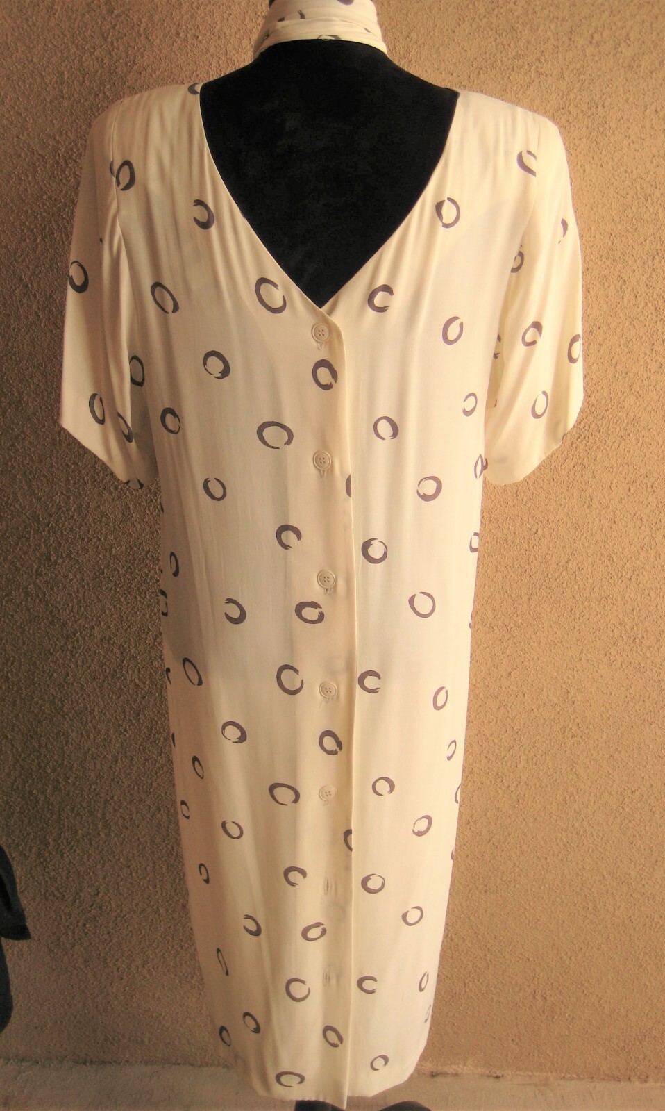 Vintage Warren Z I Magnin 80 cream abstract circles padded shoulder sheath dress