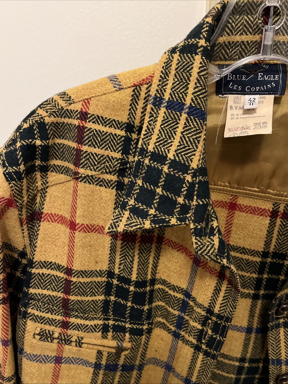 VINTAGE Les Copains Blue Eagle Yellow Plaid Jacket Italy Sz 42 Wool Blend Grunge