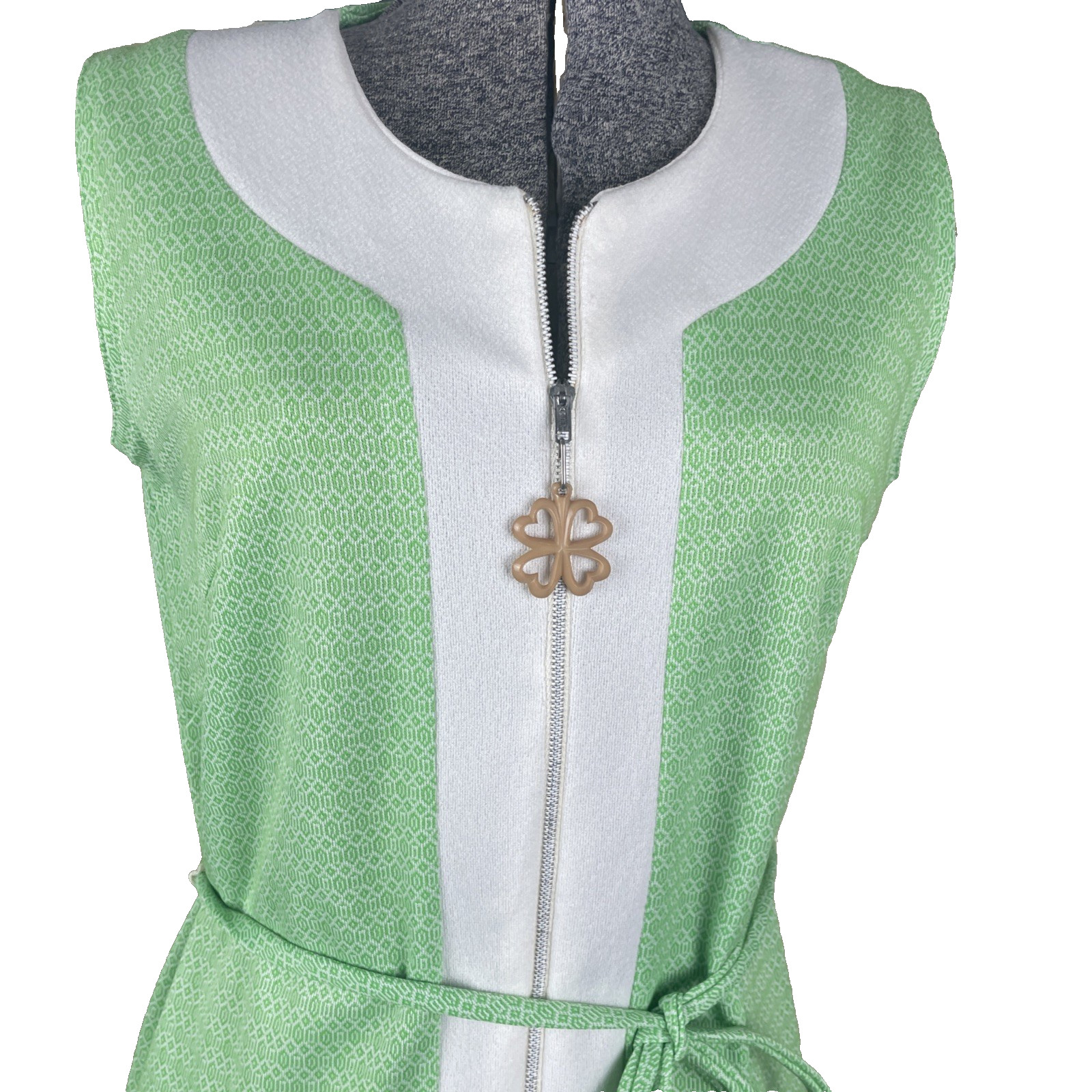 Vintage 70s Mod Shift Dress Size Small Green Geometric Print Belted Half Zip