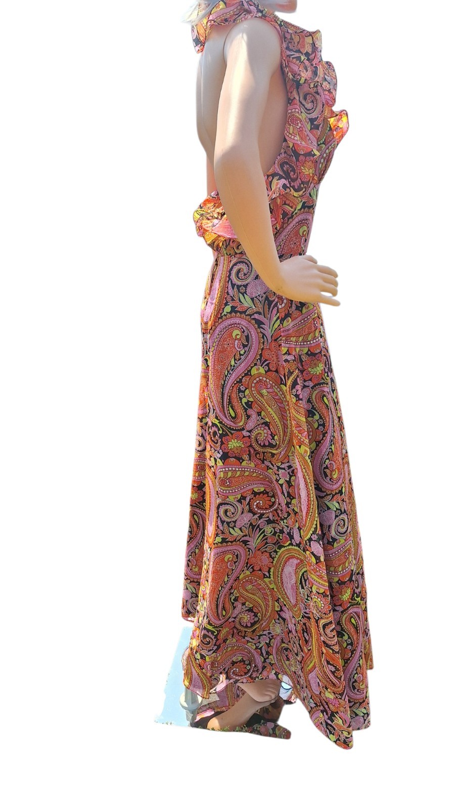 Jack Hartley Miami Maxi Dress Paisley Print Ruffle Neck Sleeveless S Vtg 70s