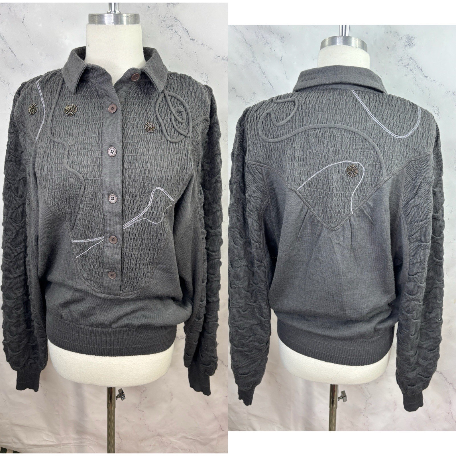 Vintage 80s MARC D’ALCY Paris Henley Sweater Gray Dolman Sleeves Wool Retro sz S