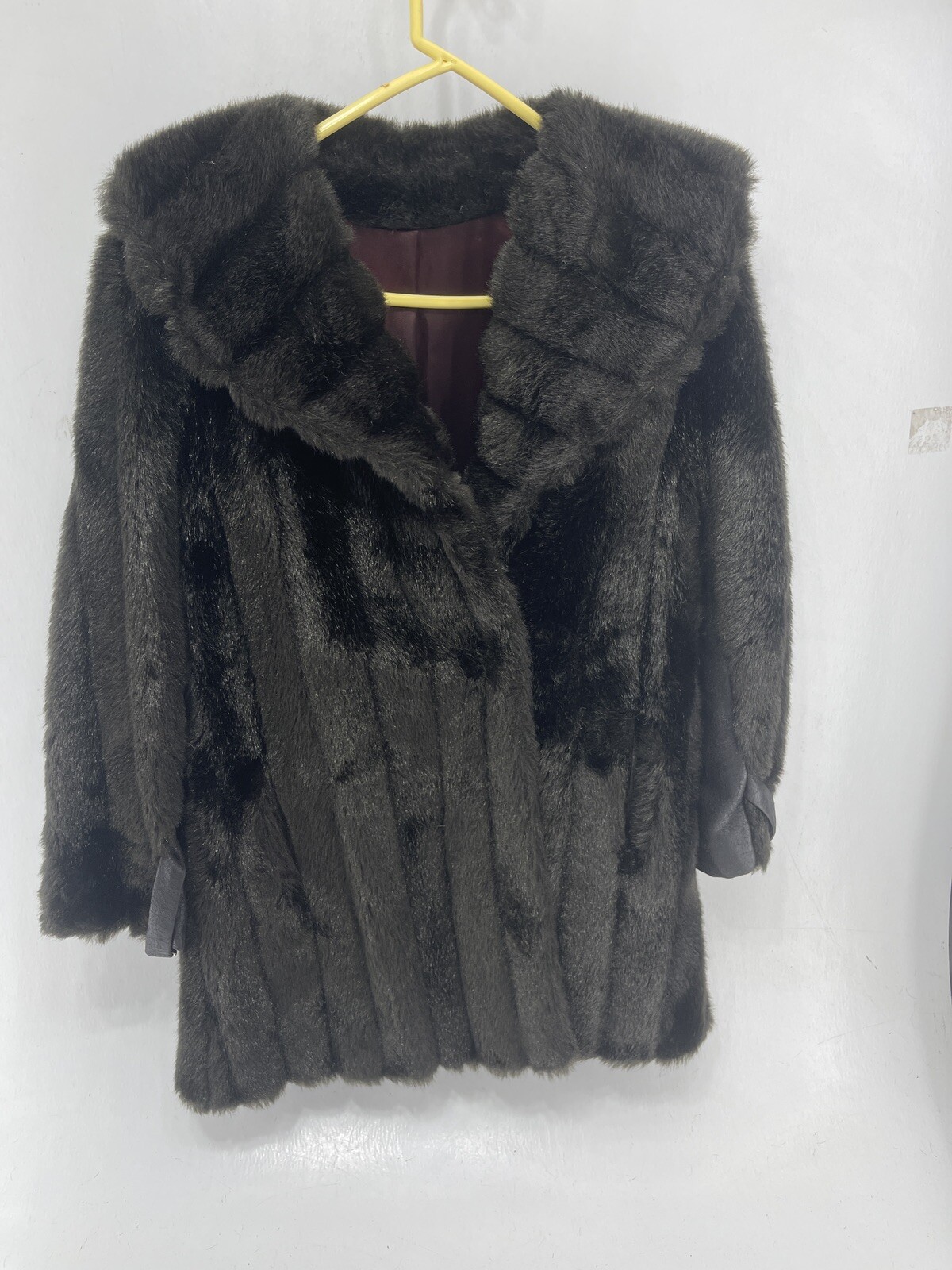 Womens Black Shiny Faux Fur Mink Coat Shawl Collar Mar-Del Rice Vintage Sz 12