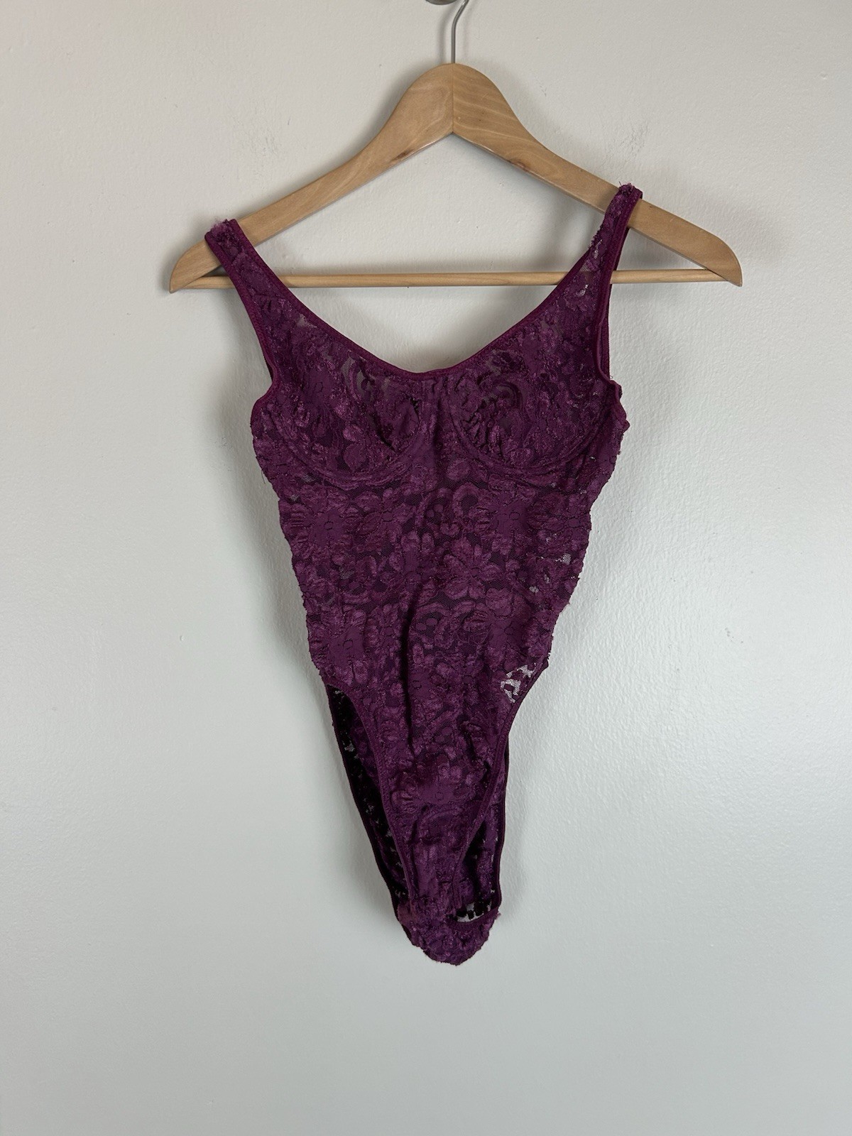 Vintage Vassarette Lace Embroidered Teddy Bodysuit Size 34C Purple Mesh Lingerie