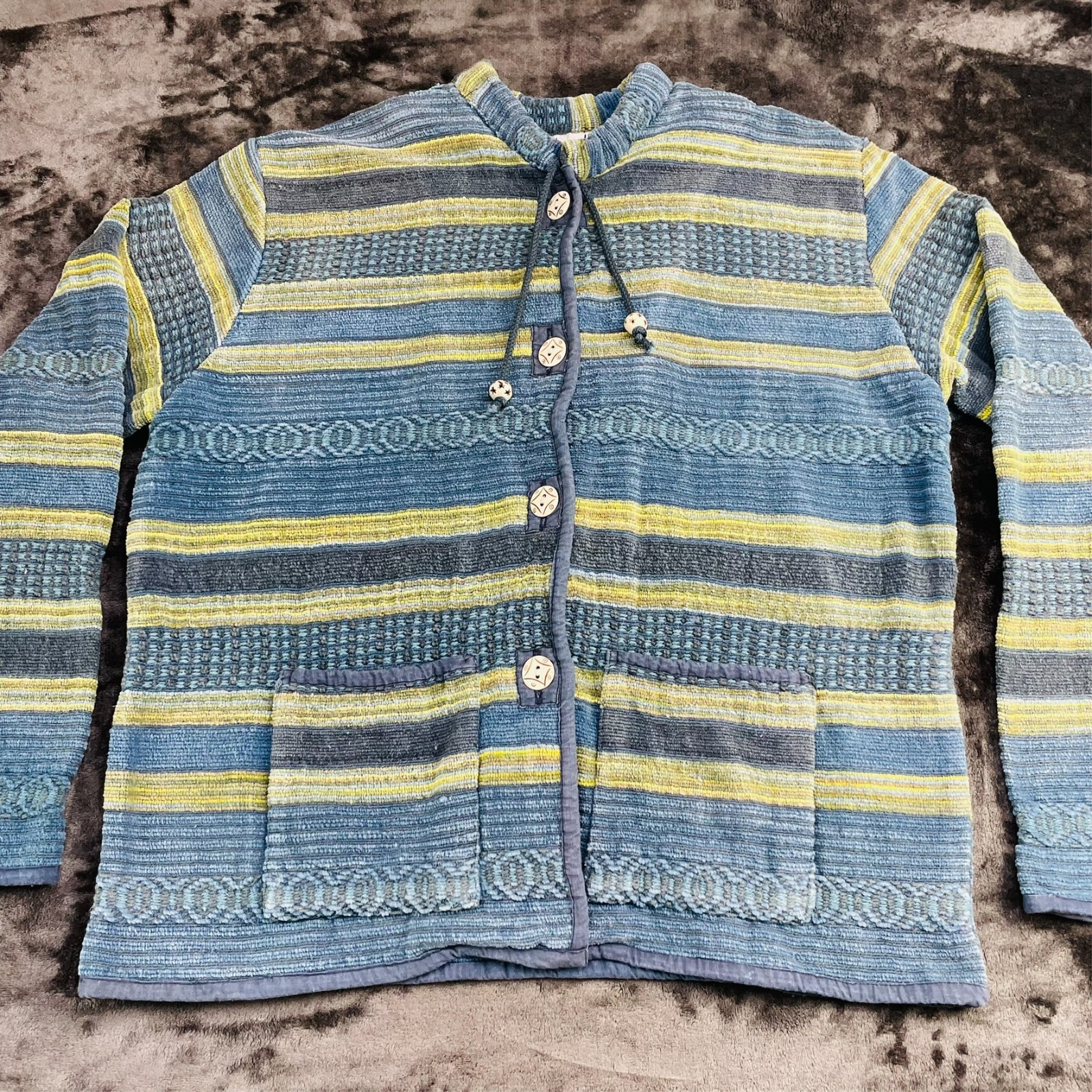 VTG 90s Flashback Woven Cotton Jacket Blue Yellow Striped Boho Button Cardigan
