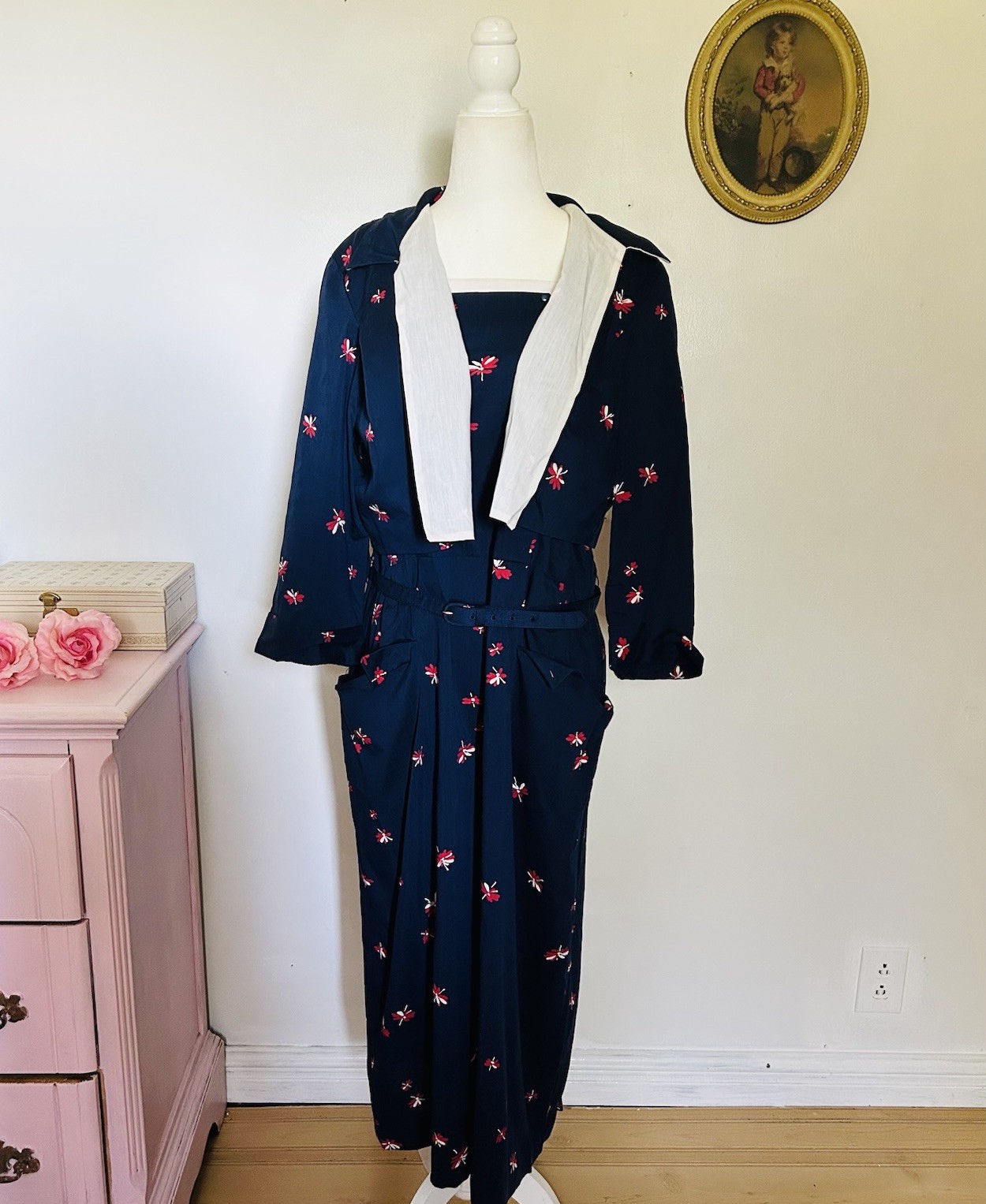 VTG 40s 50s Peg Top Cotton Sundress Bolero Set Navy Day Dress Metal Zip 36W XL