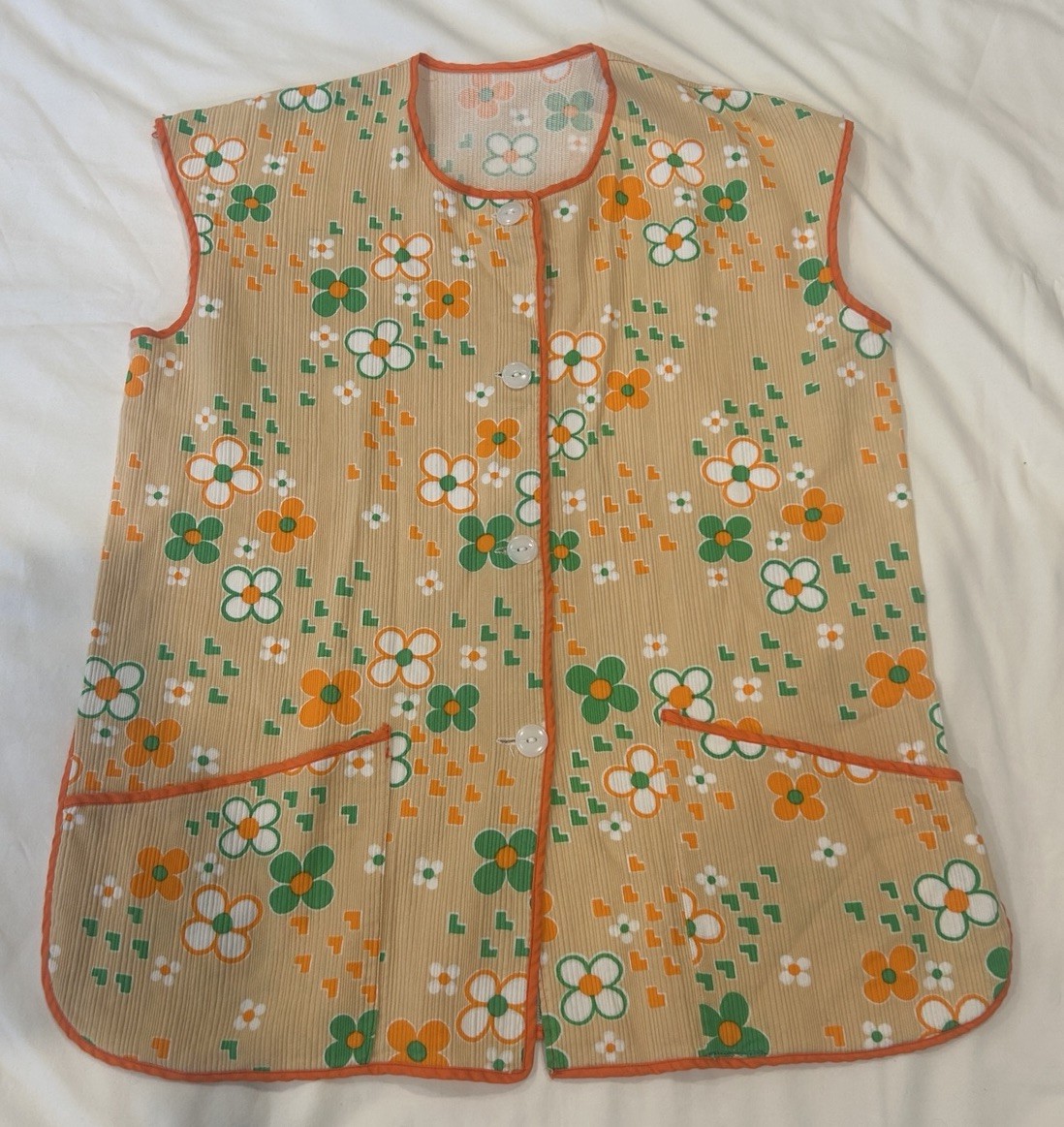 Vintage Womens Artists Apron Smock Tan Floral Hippy Boho Cottagecore Large 1970s