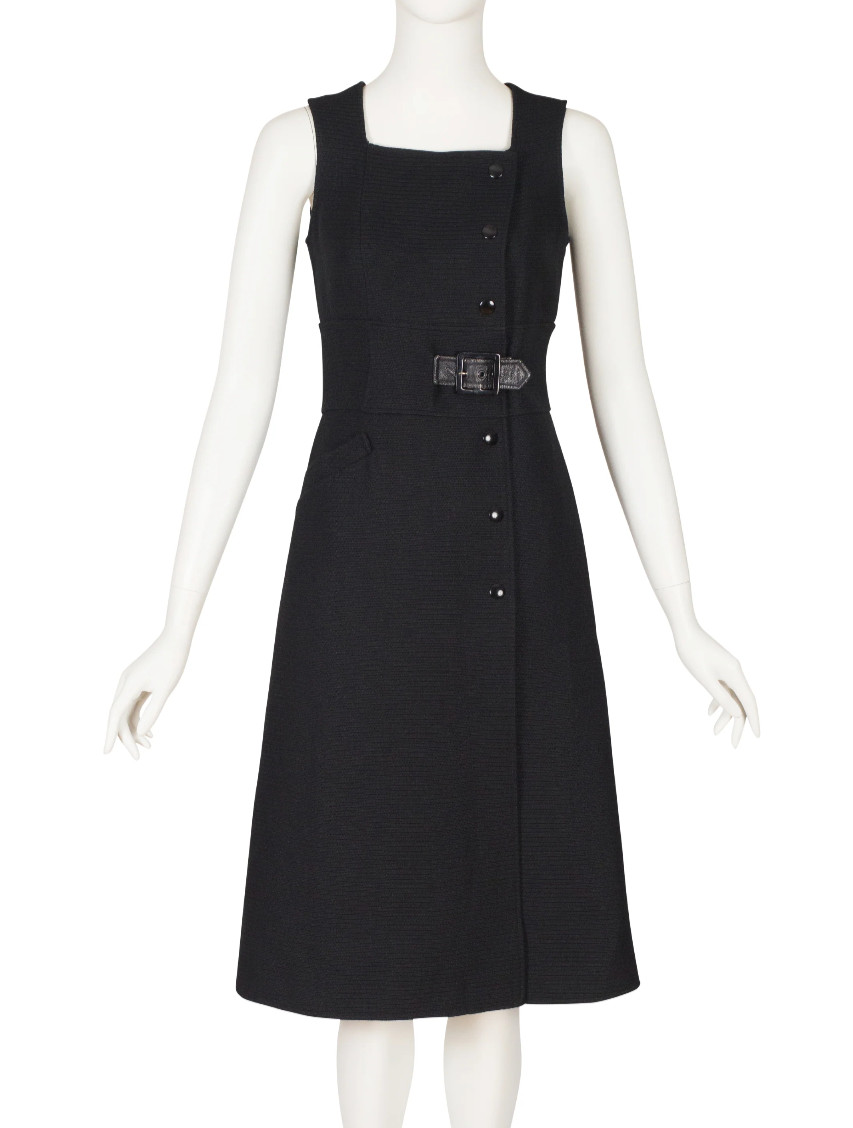 Courrèges 1970s Vintage Numbered Black Ribbed Sleeveless A-Line Midi Dress Sz XS