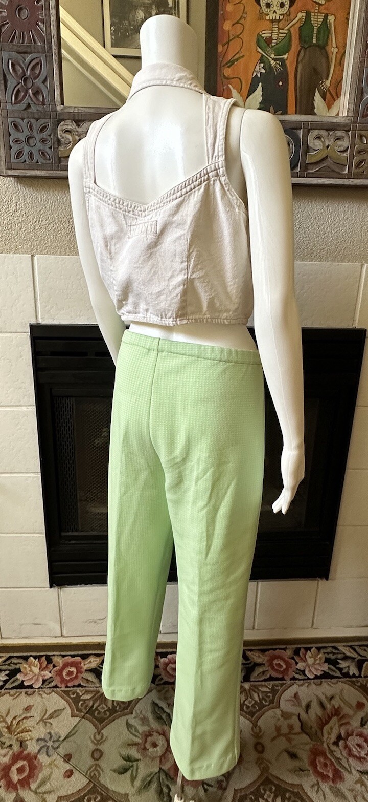 Green Plaid Polyester Pants 31×28 Lightweight Elastic Waist Vtg 70’s