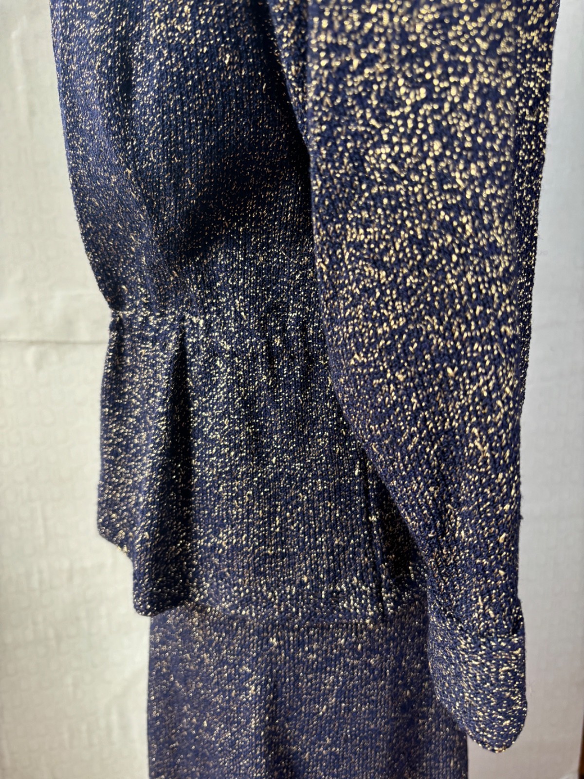 VTG 50’S HAND KNIT FULL CIRCLE SKIRT CROCHET DRESS BLUE&METALLIC GOLD DRESS*S/M